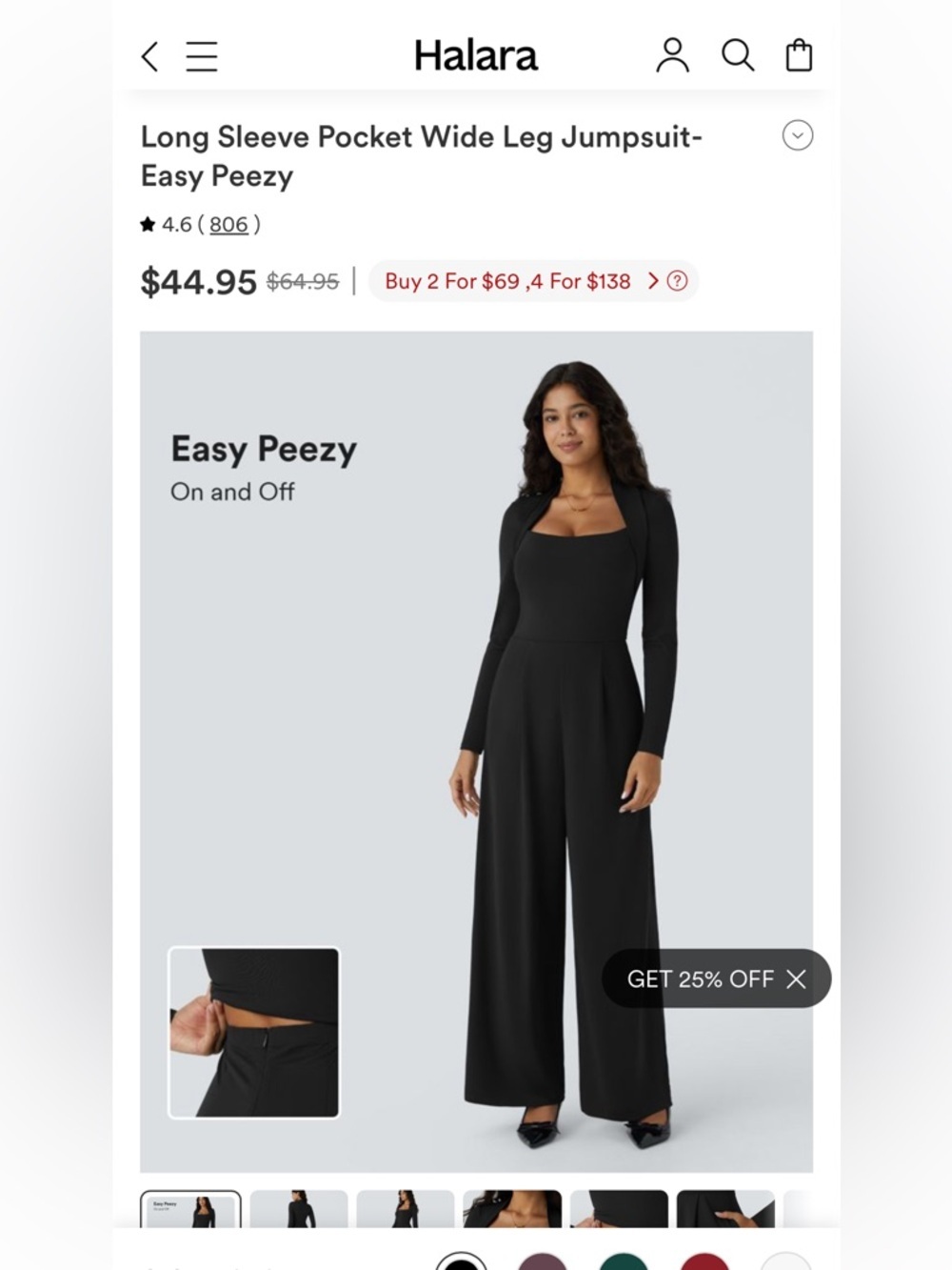 HALARA Jumpsuit Long Sleeve Pocket Wide Leg -Easy Peezy Black Small MSRP $65